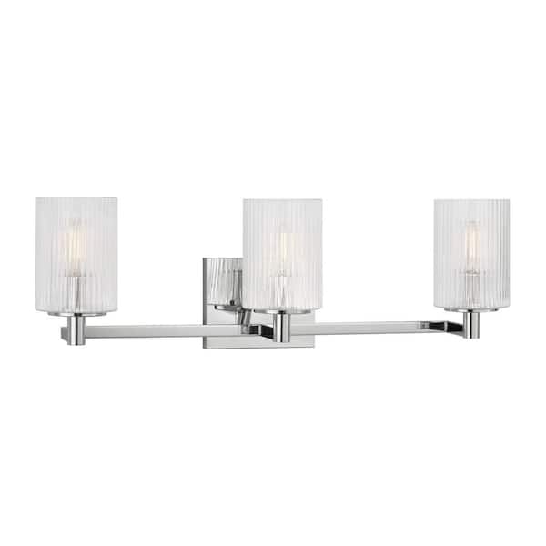 Generation Lighting Lando 24.625 in. W 3-Light Chrome Bathroom Vanity Light with Clear Fluted Glass Shades and LED Bulbs Included