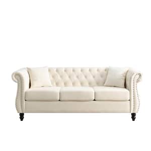 80 in. wide rolled arm velvet modern rectangle sofa with 3-seater in beige