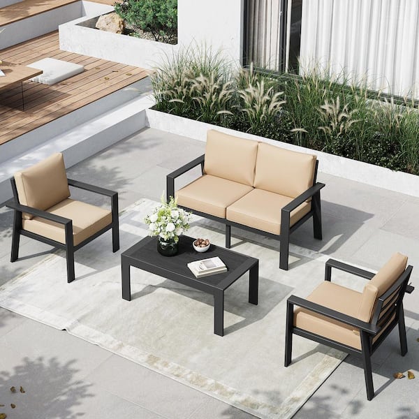 Sizzim Aluminum 4-Piece Patio Furniture Conversation Seating Set with Beige Cushions and Coffee Table