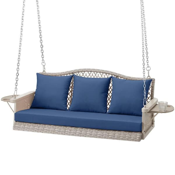 3-Seat Gray Wicker Hanging Porch Swing, Heavy Duty 900 lbs Outdoor Patio Swing Chair with Blue Cushions and Cup Holder