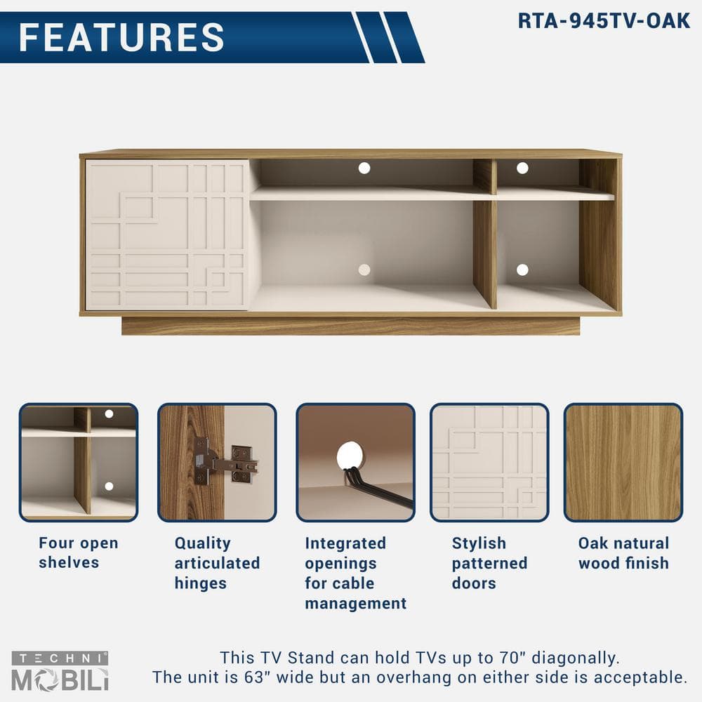 Oak and White Modern TV Stand with Chevron Pattern Cabinet for 70" Screens