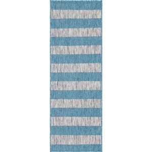 Outdoor Distressed Stripe Aqua Blue 2 ft. x 6 ft. Runner Rug