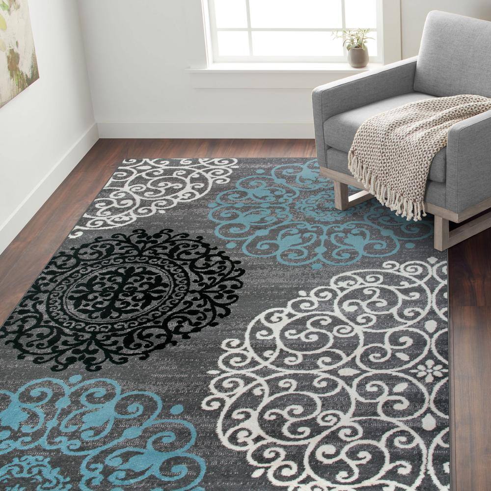 Gray and Blue Floral Synthetic Area Rug