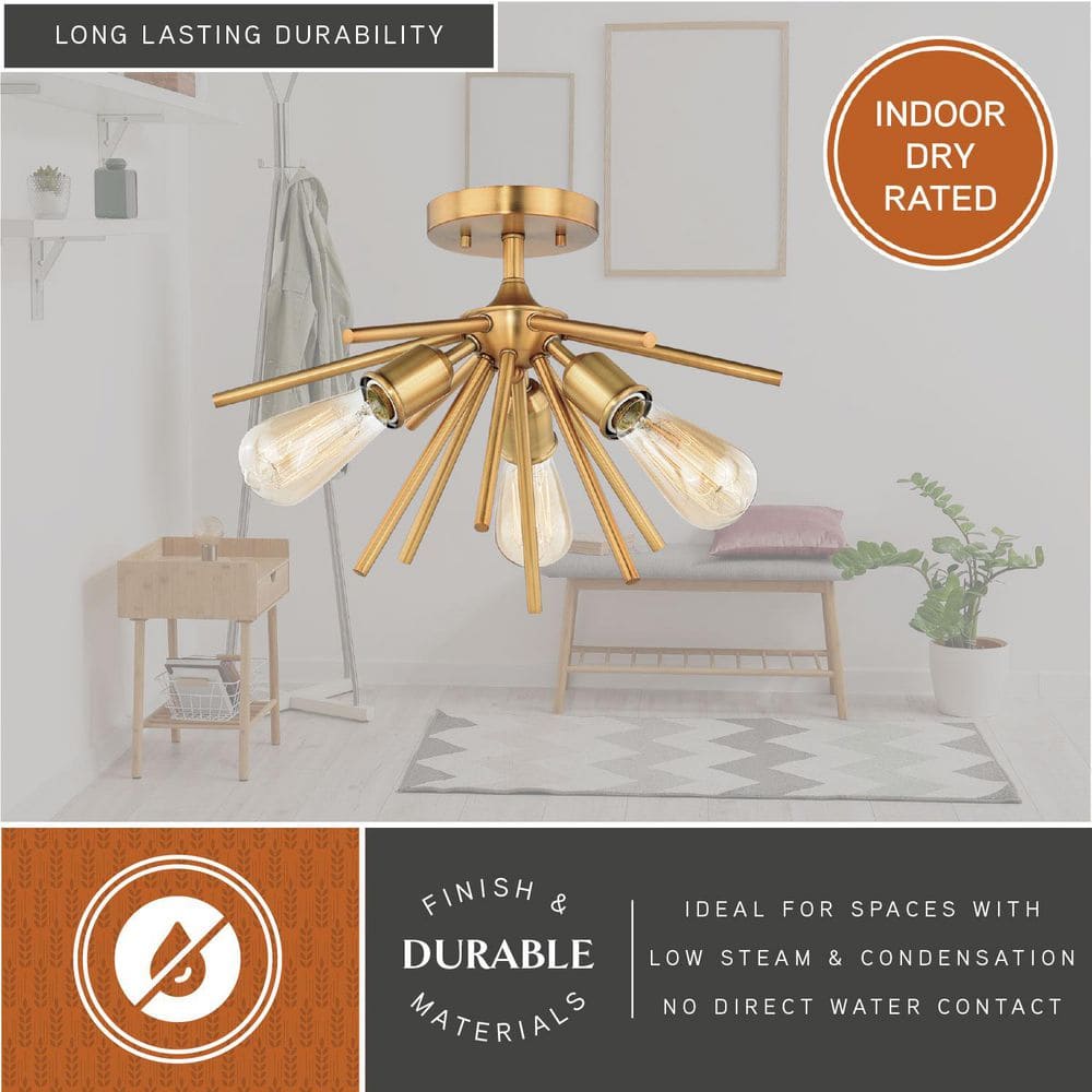 Estelle Natural Brass Mid-Century Modern 17" Semi-Flush Mount Ceiling Light