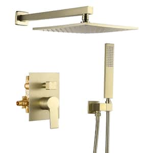 Single-Handle 1-Spray Square Shower Faucet with Hand Shower and 10 in. Shower Head in Brushed Gold (Valve Included)