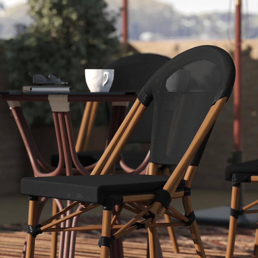 Black and Natural Armless Stacking Bistro Chairs with Metal Frame, Set of 2