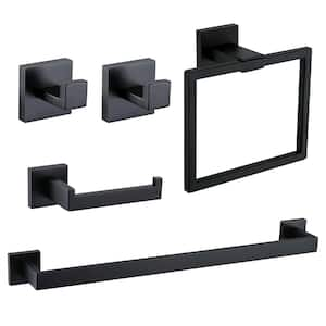 Square 5-Piece Bath Hardware Set with 16 in. Towel Bar Set Hand Towel Holder Towel/Robe Hook in Black