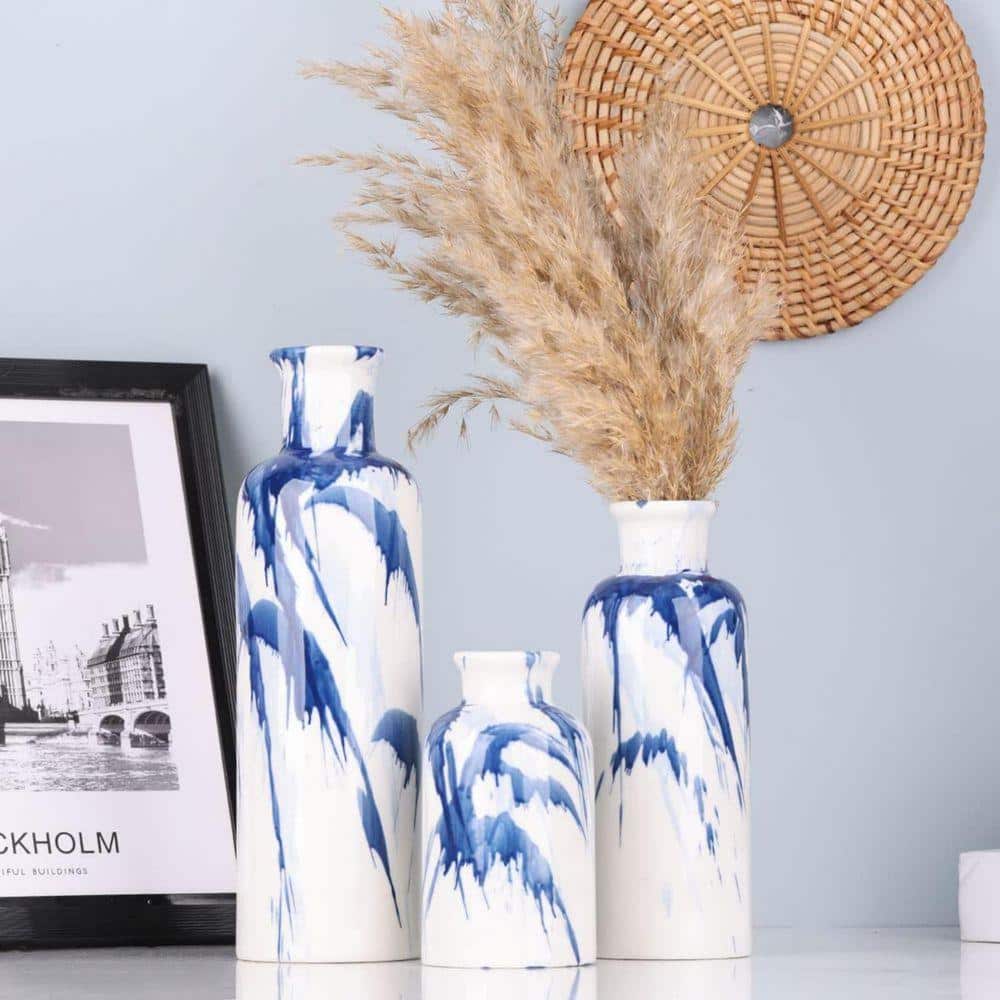 Blue White Ceramic Vase Set for 3 Modern Minimalist Decor Vases Living ...