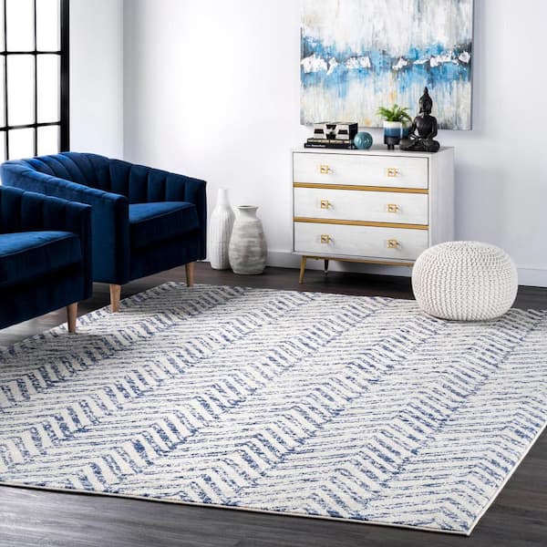Rosanne Geometric Herringbone Blue 9 ft. x 12 ft. Area Rug