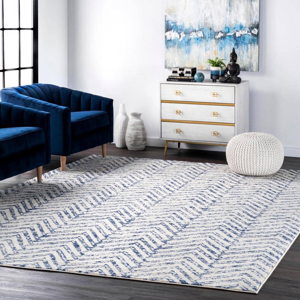 Blue and White Geometric Herringbone 6' Square Area Rug