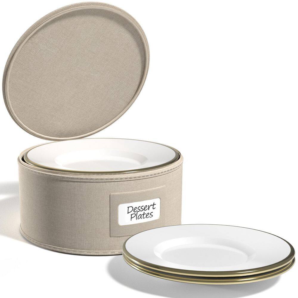 Beige Fabric Dinnerware Storage, 8.5 in. x 5.25 in. China Plate Container Organizer for Dessert Plate with Lid, 1-Piece