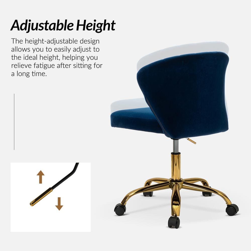Ergonomic Navy Velvet Armless Task Chair with Gold Metal Base