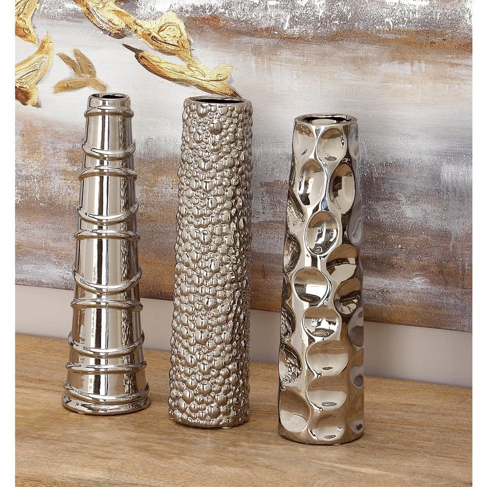 Elegant Trio Silver Ceramic Decorative Vases 12" Set of 3