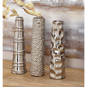 12 in., 3 in. Silver Slim Cone Shaped Ceramic Decorative Vase with Varying Textures (Set of 3)