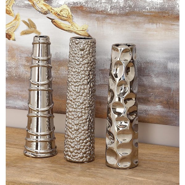 Litton Lane 12 in., 3 in. Silver Slim Cone Shaped Ceramic Decorative Vase with Varying Textures (Set of 3)