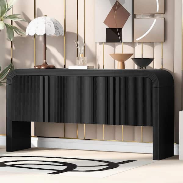 Harper & Bright Designs Wave-Pattern Black Wood 63 in. Striped Sideboard Console Table with 4-Door, Adjustable Shelves, Curved Edge
