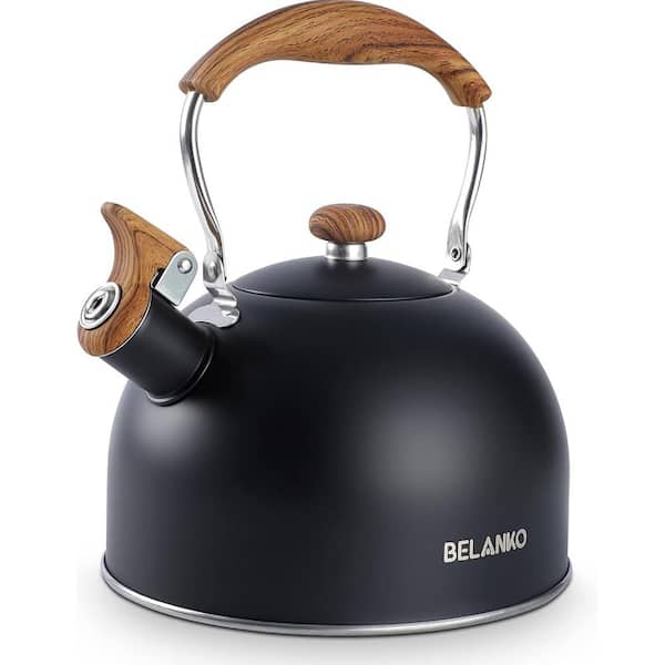 Whistling Tea Pot for Stove Top, Food Grade Stainless Steel, Wood Pattern, Folding Handle, 10-Cup Capacity in Black