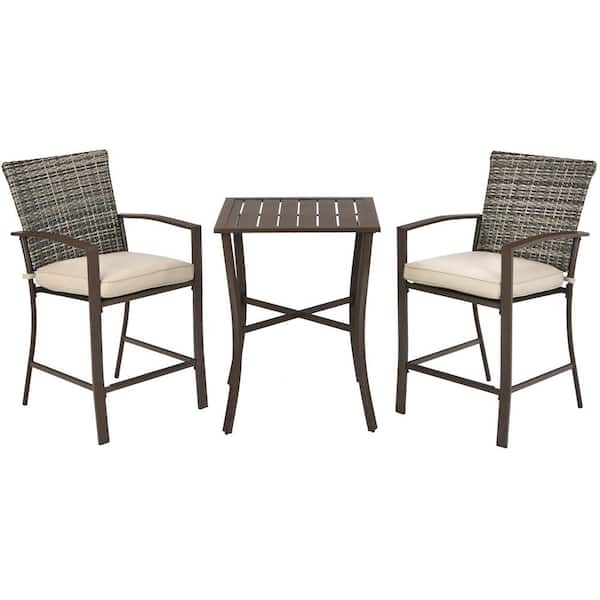 Costway 3-Piece Patio Rattan Metal Outdoor Serving Bar Set with Slat Table 2 Cushioned Stools Poolside Brown