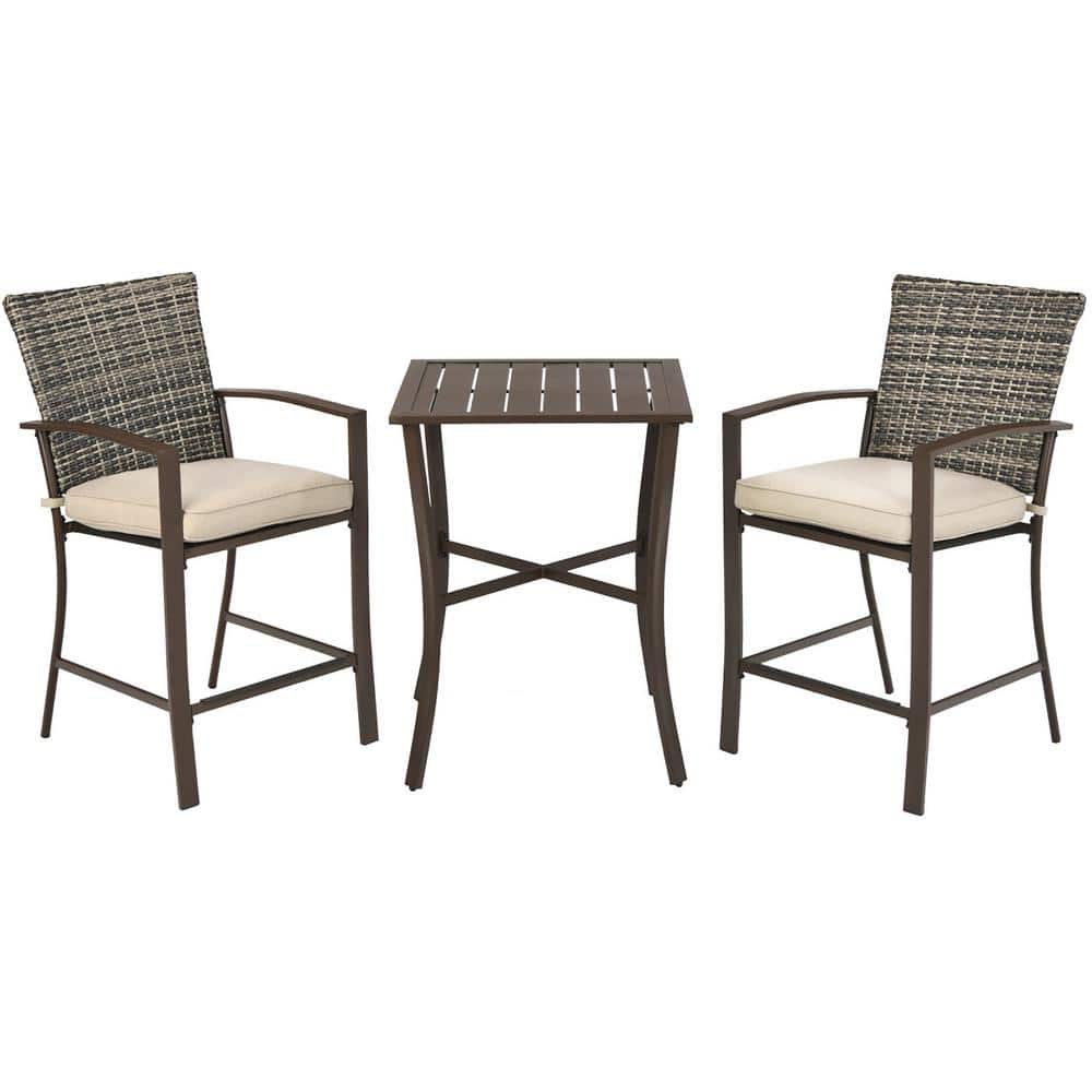 Brown Rattan and Steel 2-Person Patio Bar Set with Cushioned Stools