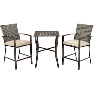 3-Piece Patio Rattan Metal Outdoor Serving Bar Set with Slat Table 2 Cushioned Stools Poolside Brown