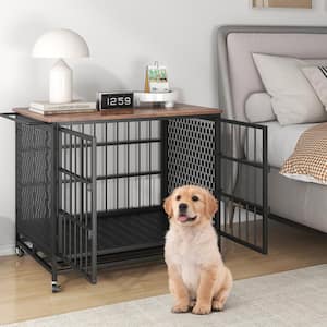 Rustic Brown 34 in.H Storage Cabinet with Chew Proof Extra Large Dog Crate w/Removable Trays, 2-Doors, Lockable Wheels