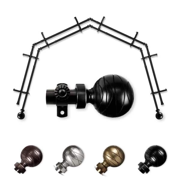 EMOH 13/16" Dia Adjustable 4-Sided Double Bay Window Curtain Rod 28 to 48" (each side) with Yesenia Finials in Black