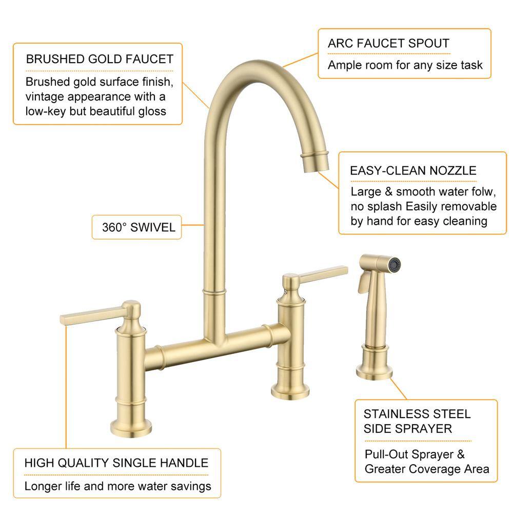 Brushed Gold Stainless Steel Double Handle Bridge Kitchen Faucet