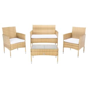 Abdul Natural 4-Piece Wicker Patio Conversation Set with White Cushions