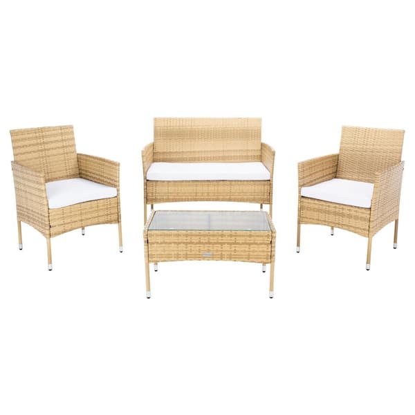 SAFAVIEH Abdul Natural 4-Piece Wicker Patio Conversation Set with White Cushions