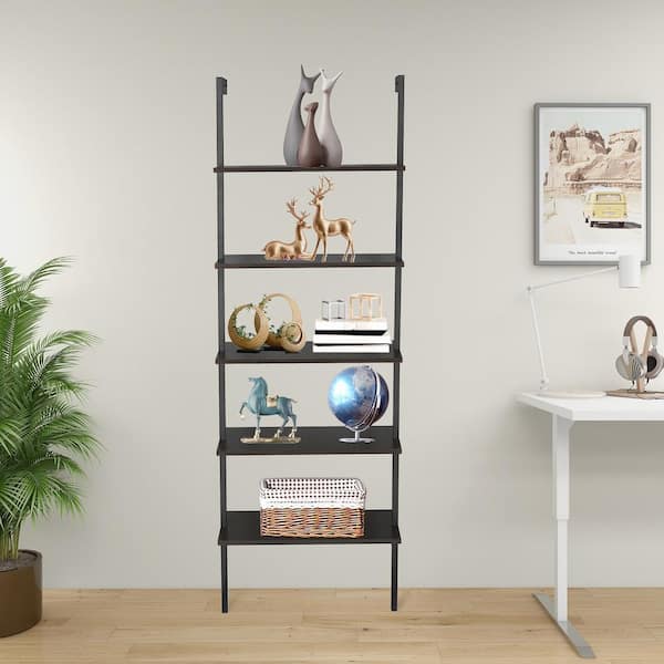 Industrial 72 in. Dark Walnut MDF 5-Shelf Ladder Bookcase with Metal Frame