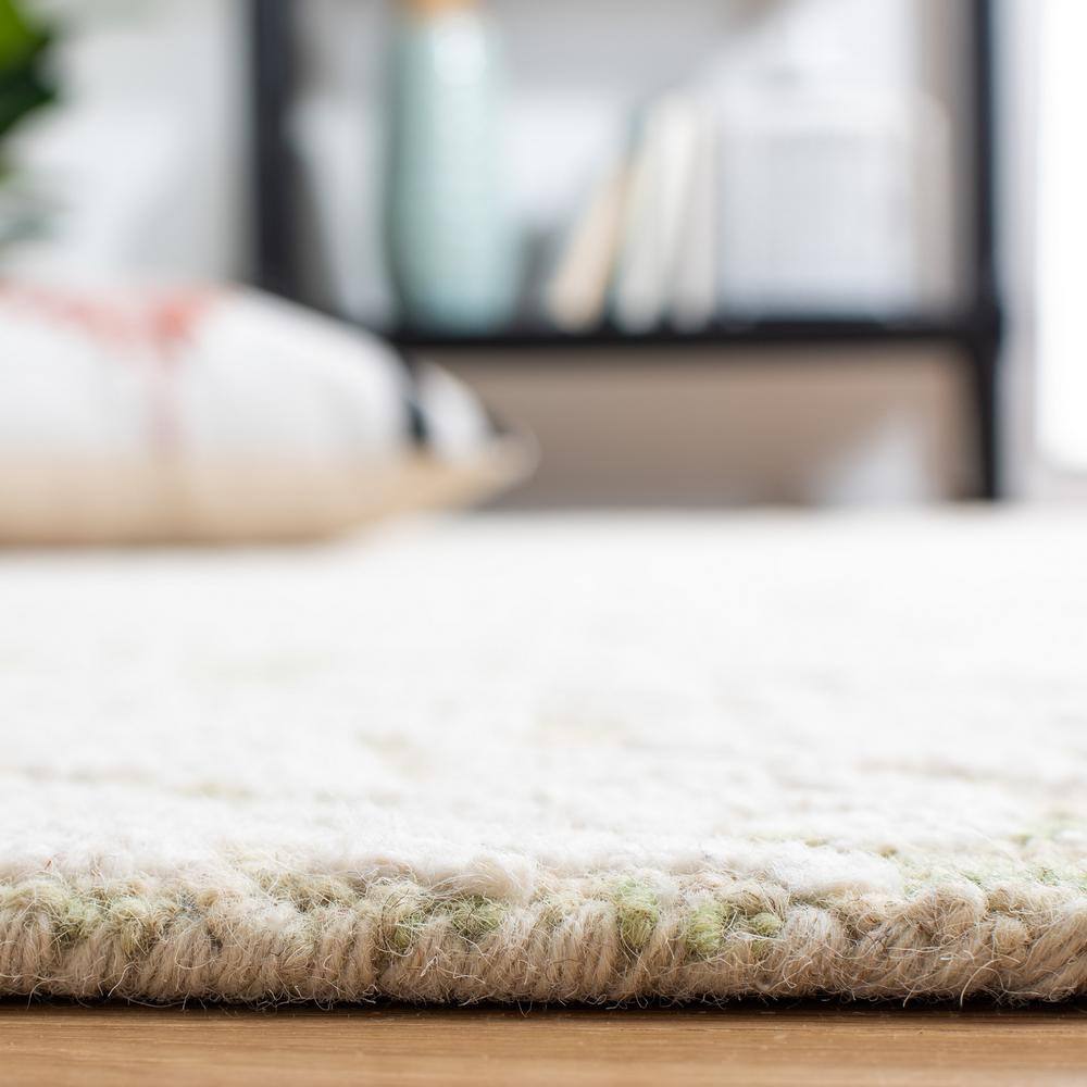 Ivory and Light Green Floral Wool Handmade Rug, 5' x 8'