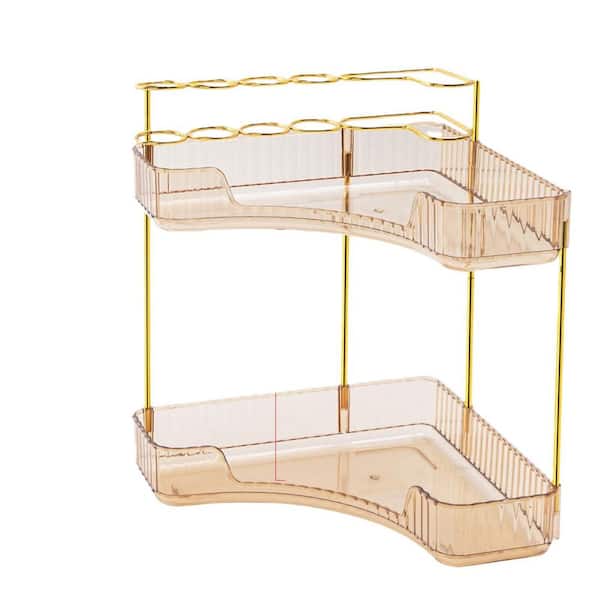 2-Tier Corner Countertop Vanity Organizer with Brush Holder in Gold for Bathroom Dresser and Vanity Cosmetic Storage