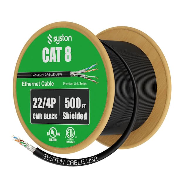 500 ft. Black Cat 8 CMR 22 AWG Ethernet Cable Data Wire Bulk Raw - 2000MHz Solid Bare Copper Tinned Copper Braid Shield