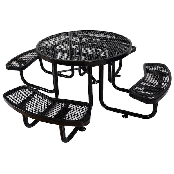 46 in. Black Round Carbon steel Picnic Table with 4 Stools and Umbrella Pole