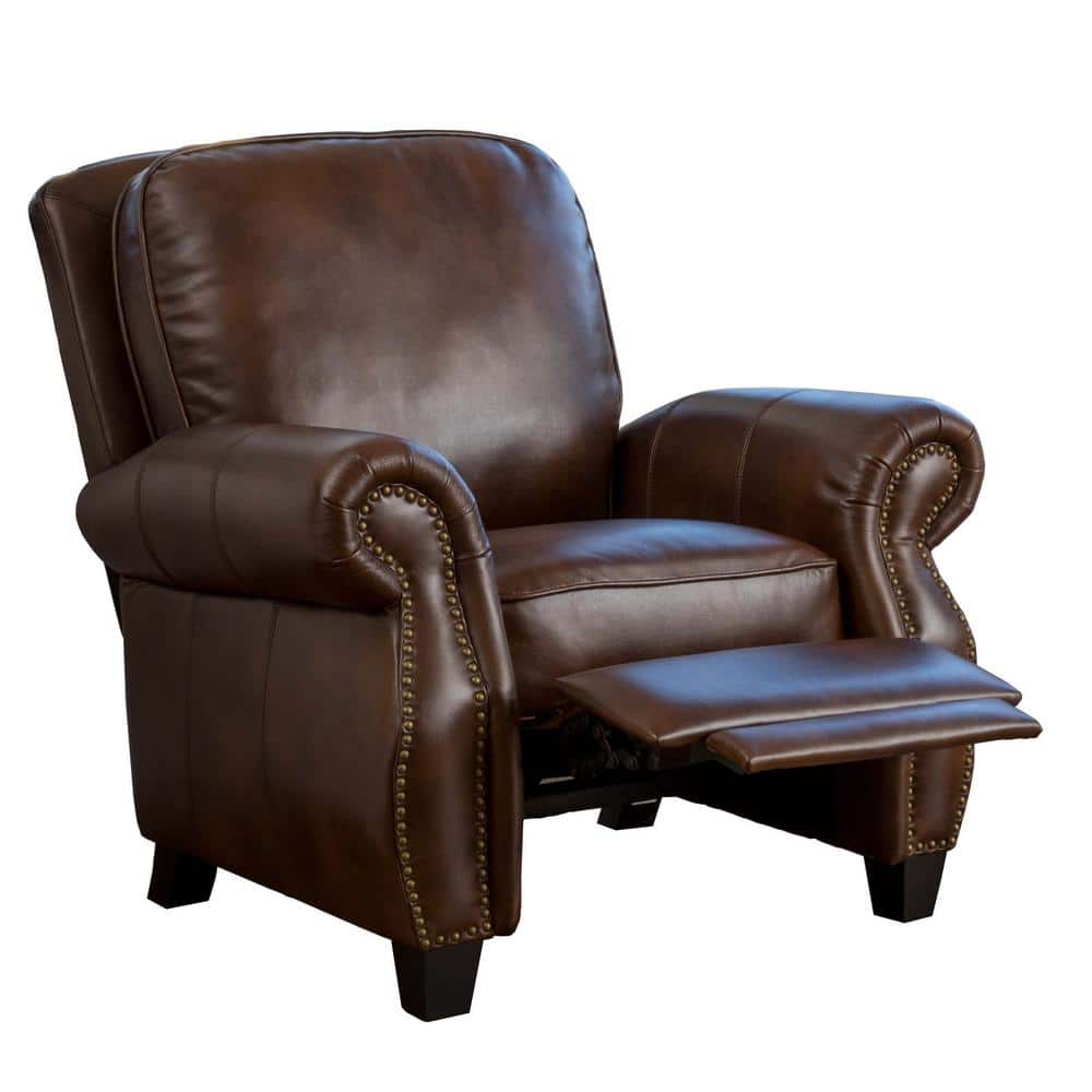 Faux Leather Nailhead Trim, Dark Brown Real Leather Recliner Chair