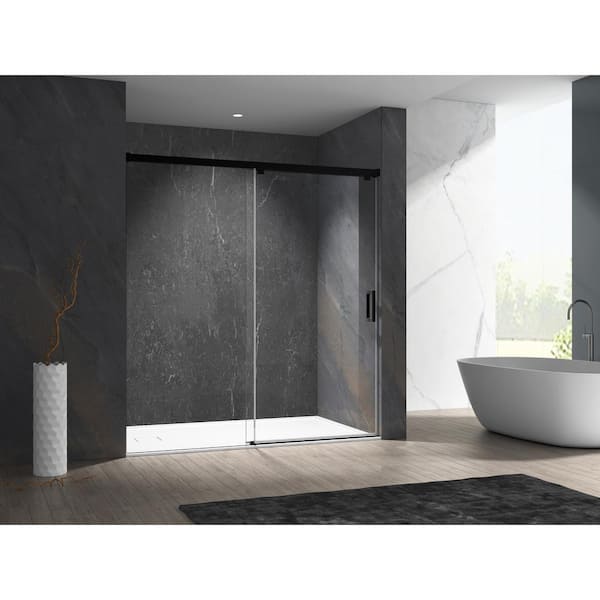 MCOCOD 48 in. W x 76 in. H Single Sliding Frameless Soft Close System Shower Door in Matte Black with Clear Glass