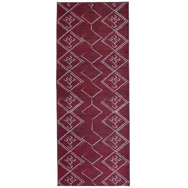 PLAYA RUG Aspen Burgundy Creme 2 ft. 8 in.. X 8 ft. Machine Washable Tribal Moroccan Bohemian Polyester Non-Slip Backing Area Rug