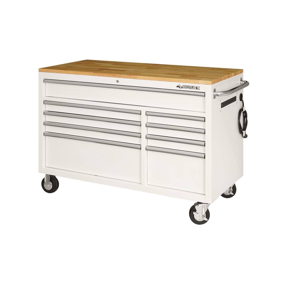 Husky 52 in. W x 25 in. D Standard Duty 9-Drawer Mobile Workbench Tool Chest with Solid Wood Top in Gloss White, Gloss White with Silver Finishes