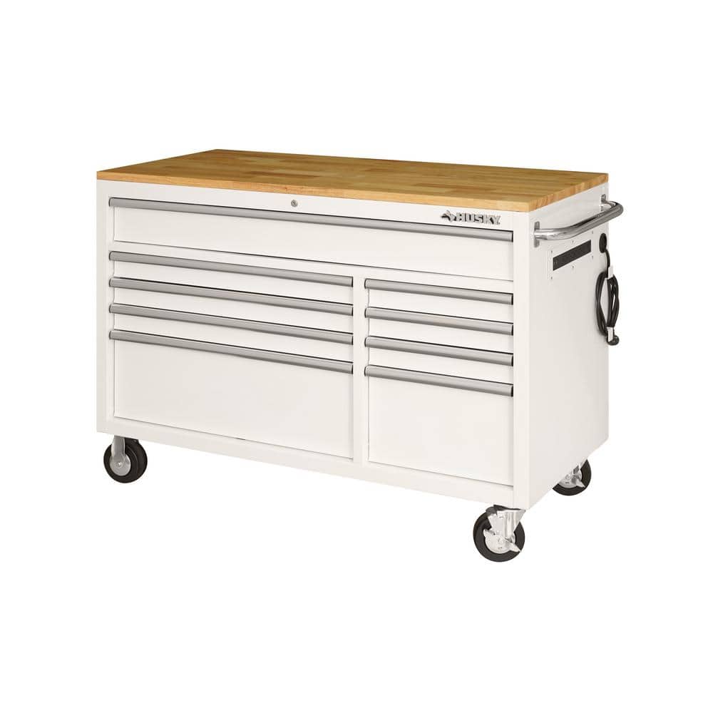 Husky 52 in. W x 25 in. D Standard Duty 9-Drawer Mobile Workbench Tool Chest with Solid Wood Top in Gloss White, Gloss White with Silver Trim -  HOTC5209BJ1M