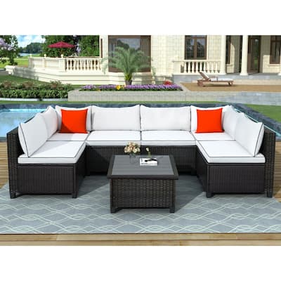 U-Shaped Dark Brown Wicker Outdoor Sectional Set with White Cushions and Accent Pillows