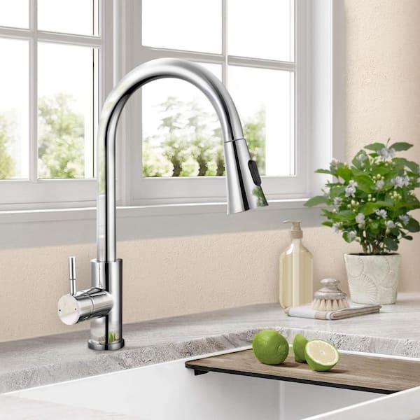 Satico High-arch Single Handle Gooseneck Pull Out Sprayer Kitchen Faucet in Chrome