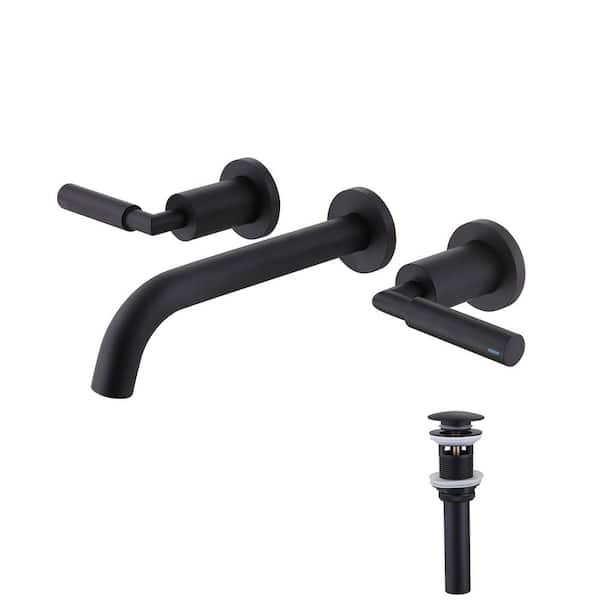Double Handle Wall Mounted Bathroom Faucet with Pop-U Drain Brass 3-Hole Vanity Sink Taps in Matte Black