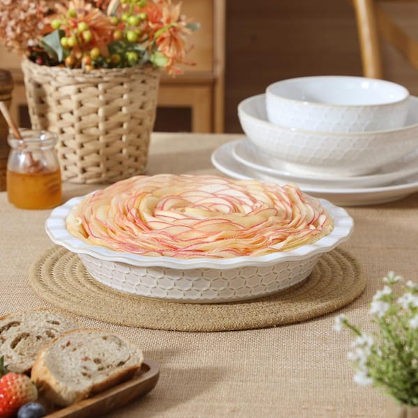 MALACASA 1-Piece Stoneware Pie Dish Set Ivory White Baking Dish