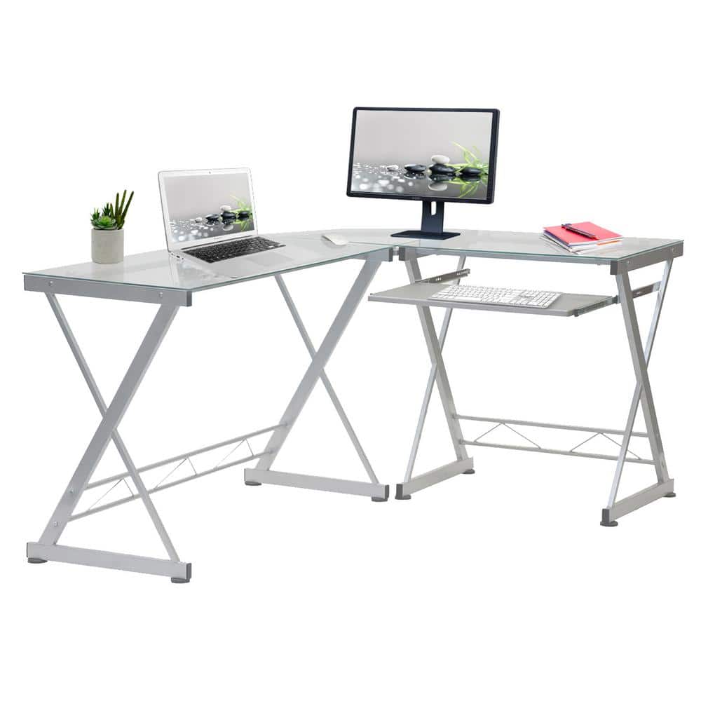 Reno Clear L-Shaped Glass Computer Desk with Keyboard Tray