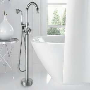 Double Handle Freestanding Floor Mount Tub Filler Faucet with Hand Shower and Swivel Spout in Brush Nickel