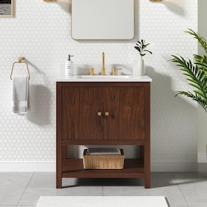 Zoe 31 in. W x 22 in. D x 35 in. H Single sink Bath Vanity Combo in Walnut finish with White Quartz Top