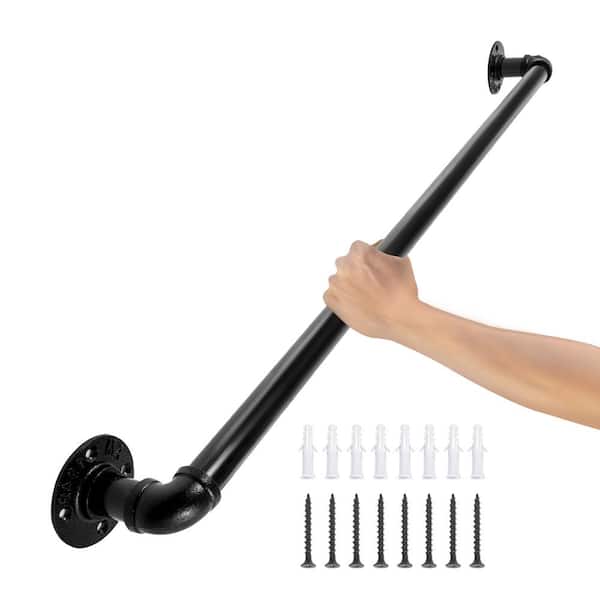 3 ft. Pipe Stair Handrail 440 lbs. Load Capacity Wall Mounted Handrail Round Corner Handrails for Outdoor Steps, Black