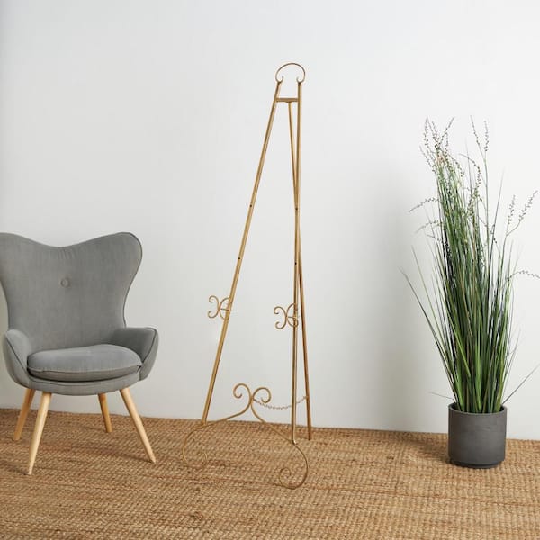 67 in. Gold Metal Large Free Standing Adjustable Display Stand 3 Tier Scroll Easel with Chain Support