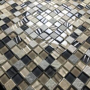 French Country Style Black Gray Cream Square Mosaic 1 in. x  1 in. Glass and Stone Wall Pool Floor Tile  (10 sq. ft.)