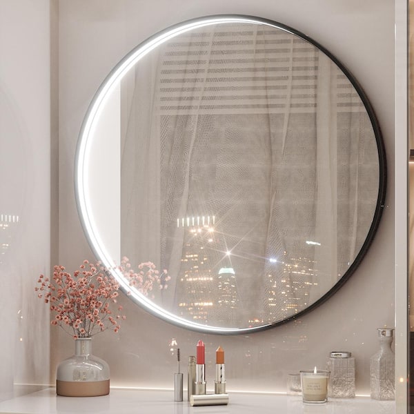 KeonJinn 24 in. W x 24 in. H Large Round Framed Metal Modern Wall Mounted Bathroom Vanity Mirror in Black